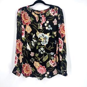 Loft Women's Floral Print Boat Neck Long Sleeve Top Blouse Black Red Size Large